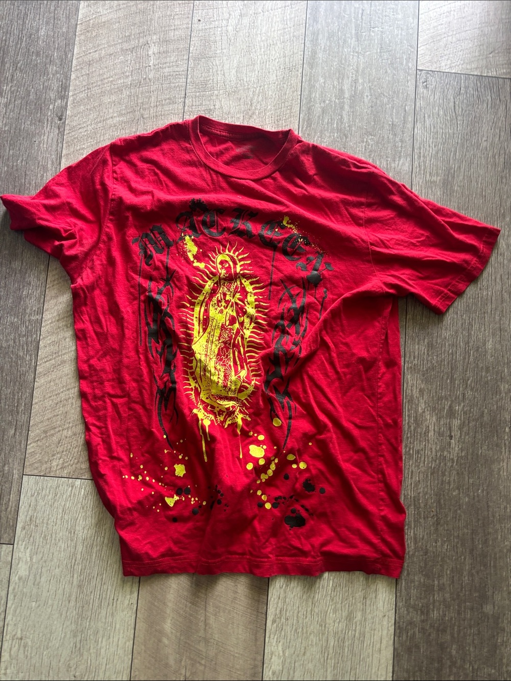 Red Graphic Short-Sleeve Tee with Yellow Religious Motif